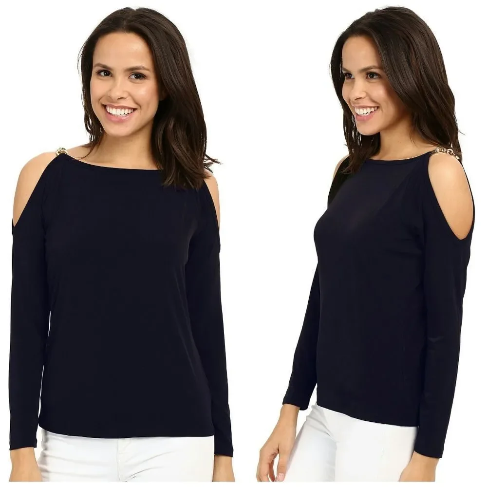 New! MICHAEL KORS Women's Chain Cold Shoulder Top Blouse Navy Blue Size Medium